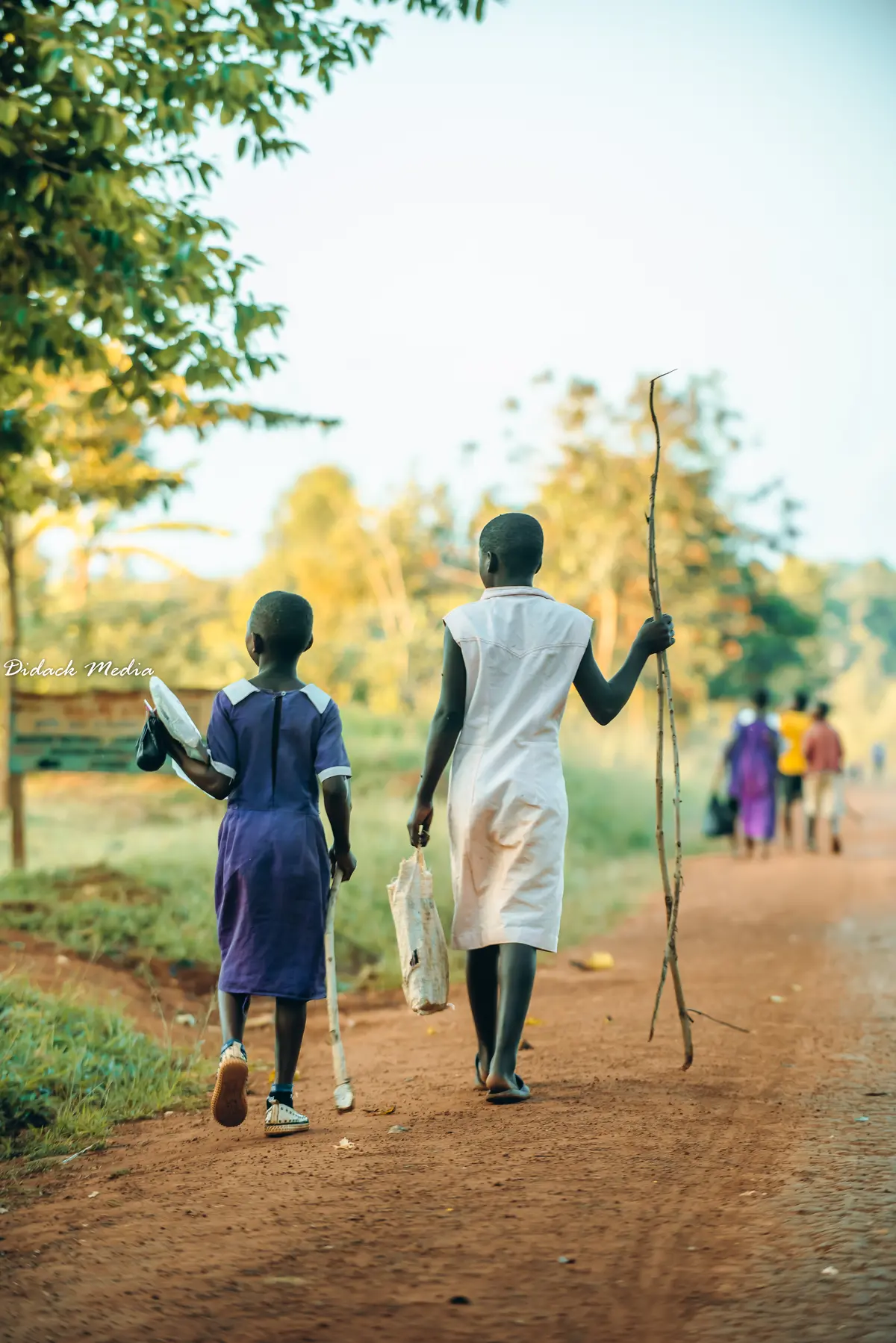 Children in Uganda walk to school carrying firewood to help prepare their lunch.